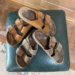 Birkenstock Suede Buckle Sandals - Brown and Tan